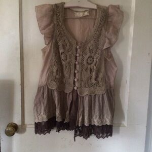 A'Reve Taupe and Chocolate Crochet Blouse